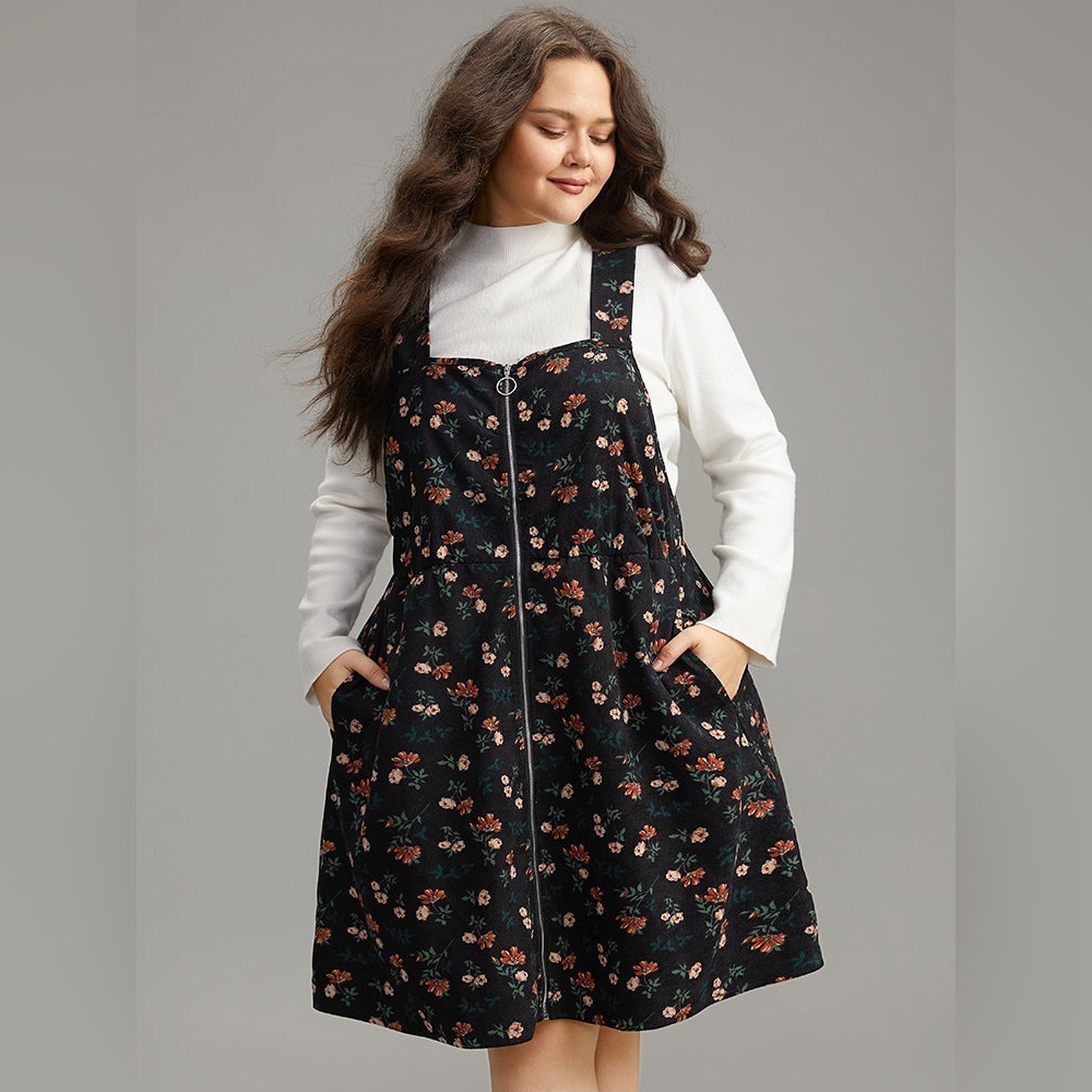 BloomChic Ditsy Floral Corduroy Pocket Zipper Fly Cami Dress